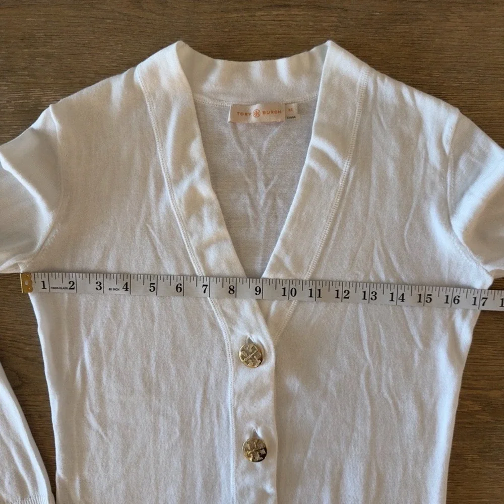 TORY BURCH Simone Cardigan 100% Cotton-White-Gold Logo Button-Lightweight-Sz XS
